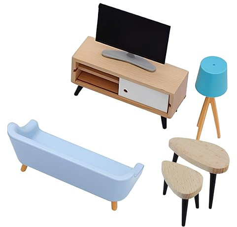 Miniatur Modellbau Zubehör, 6 Stück Puppenmöbel Wohnzimmer, Miniatur-TV mit Schrank, Puppenhauszubehör 1/12, Mini-Möbel Spielzeug, Tischlampe, Sofa, Couchtisch, Dekoration für Puppenhaus