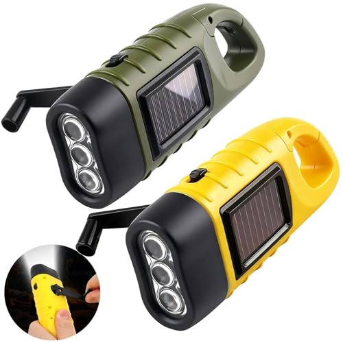 Vryth 2 Pack Wind Up Torch Hand Crank Camping Flashlight with Solar Powered | LED Super Bright Emergency Light with Carabiner Hook, Portable Survival Gear for Camping, Hiking, Outdoor