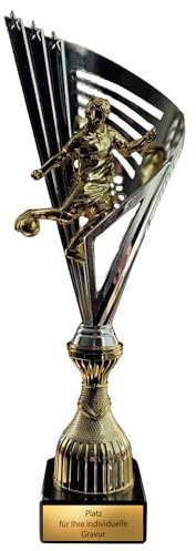 eberin Fussball Pokal 40 cm XL Trophäe mit Gravur - 3D Figur & Marmorsockel | Gold-schwarze Auszeichnung für Turniere und Vereine, 600g schwerer Naturstein-Sockel, fertig montiert für Sieger und Herren