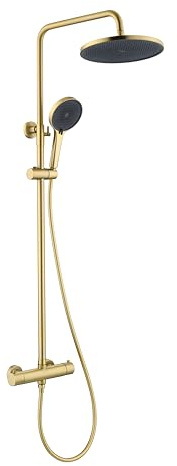 Friota Thermostatic Shower Mixer Brushed Gold, 38°C Anti Scald Shower Bar | Safety Lock, Adjustable Height Exposed Shower Riser Rail, 250mm Round Rain Shower Head and Hand Shower, Soft Aerated Stream