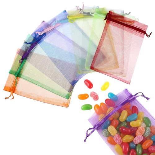 XLIUAX 100 Stück Organzasäckchen, Organzasäckchen Geschenk Schmuckbeutel 10 x 15 cm Mehrfarbig Organzabeutel Säckchen mit Kordelzug für Weihnachten Hochzeit Party Schmuck Bunt Party, 10 Farben