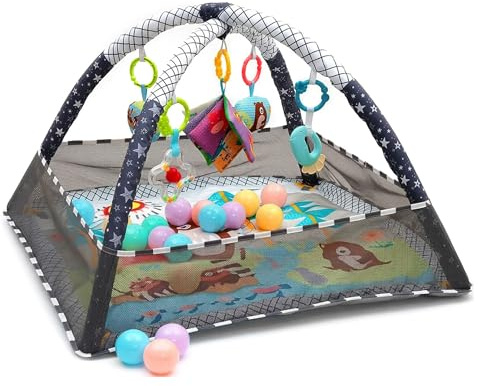 Relaxdays lekbåge, med leksaker & bollar, hopfällbar, färgglad | HxBxD: 55 x 80 x 80 cm, babygym, krypmatta