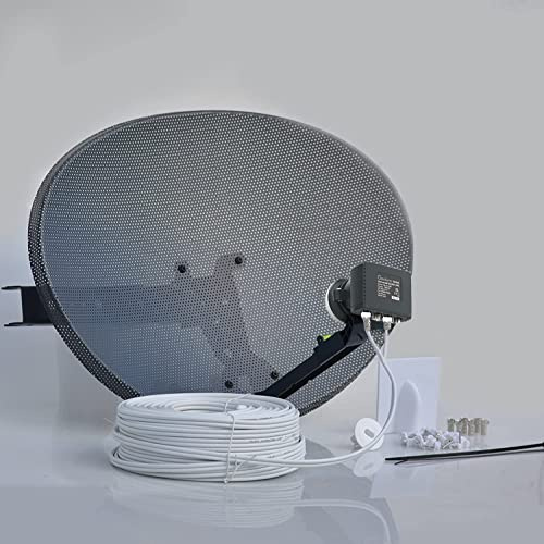 SSL Satellites Freesat HDR Satellite Dish DIY Self Installation Kit, Latest Dish with Quad LNB, Twin White Coax Cable, All necessary Brackets, Bolts and SATELLITE FINDER (20 Meter Kit, White)