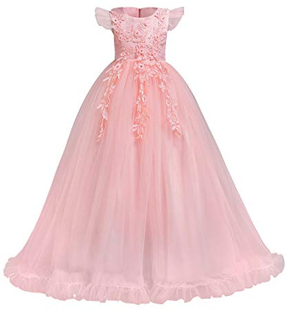 Vestido Largo de Fiesta para Niña Apliques de Flores Tul Tutú Princesa Formal Elegante Vestido de Dama de Honor de Boda Cumpleaños Noche Bautizo Ceremonia Carnaval Ocasión Especial Rosado 7-8 Años