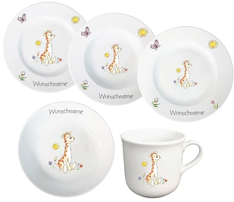 Kindergeschirr Kinderservice 5-tlg. Kinder Service Set aus Porzellan Teller Becher Schale personalisierbar mit Wunschname Name Kindergeschirr mit Namen personalisiert (Giraffe)