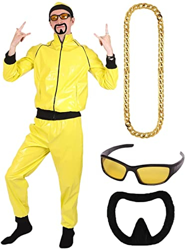 90s Celebrity Costume - Adults Yellow & Black Shell Suit + Matching Hat + Sunglasses + Gold Chain + Black Goatee - Funny Rapper Halloween Stag Do Fancy Dress Costume (Size: Large)