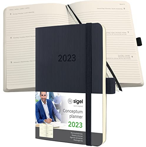SIGEL C2323 Terminplaner Wochenkalender 2023 - ca. A6 - schwarz - Softcover - 176 Seiten - Gummiband, Stiftschlaufe, Archivtasche - PEFC-zertifiziert - Conceptum