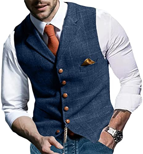 Onsoyours Herren Formelle Party Hochzeit Weste Anzug Weste Einfarbig Weste Anzugswesten für Männer FLoral Weste Tweed V-Ausschnitt für Trauzeugen A Blau L