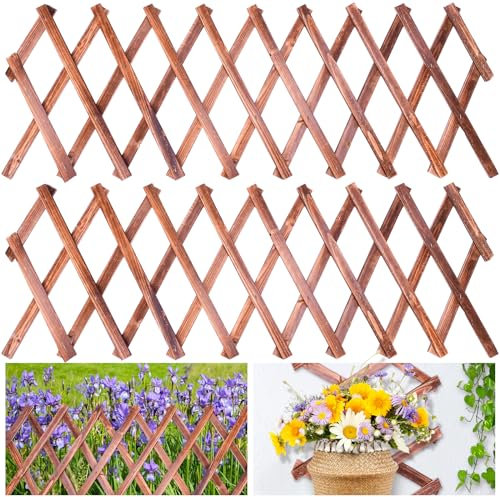 HolyMaji 2 Pack Expandable Wooden Lattice Fence, Garden Trellis for Climbing Outdoor Plants, Stretchable Panel Wall Trellis Vertical Rack Wood Frame Patio Decorative for Vine Ivy Rose