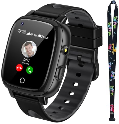 PIULAXIU 4G Smartwatch Kinder mit langanhaltendem Video-und Telefonanruf, SOS, GPS, wasserdichte Kids Smartwatch mit Echtzeit-Ortung und Schulmodus für Jungen Mädchen 5-14 Jahre Geschenk (Schwarz)