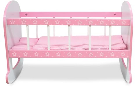 Teorema Giocttoli, Culla per Bambole Rosa a Dondolo, Lettino Giocattolo in Legno con Materassino e Cuscino, Culla Bambini Giocattolo Decorata con Stelle