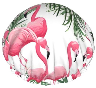 Duschhaube, Flamingo-Blumen, bedruckt, doppellagig, gefüttert, Duschhauben für Damen, wiederverwendbar