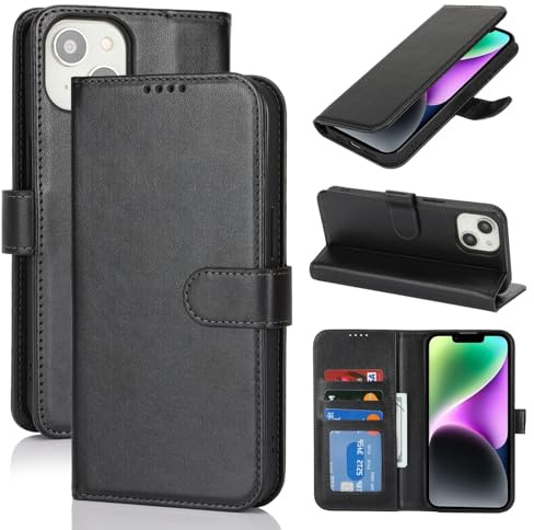 Zouzt Hülle für iPhone 14/13 (6,1), Premium PU Leder, Schwarz | Handyhülle mit Kartenfächern, Magnet Klapp Schutzhülle, Stoßfeste TPU-Innenhülle, Frauen Männer, Leather Wallet Phone Case