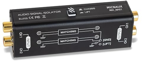 MICNAUX Audio Hum Eliminator Ground Loop Noise Isolator (No Affects Bass), Dual Channel Gold Coating Aluminum Shell Noise Filter for Speaker Home Car Audio System Theater Plug & Play (Black)