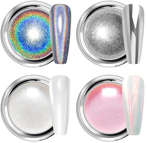 Polvo de Uñas Perlado - Polvos Cromados para Uñas de Hadas LEDSUUEI, Pigmento Metálico Holográfico Brillante con Efecto Espejo, Brillo de Sirena y Unicornio, Polvo Plateado para Decoración de Uñas DIY