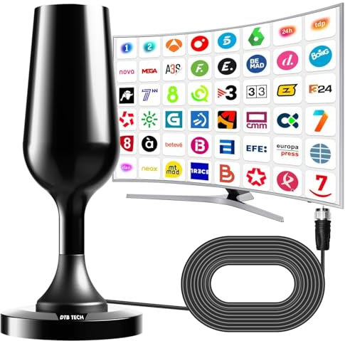 Antena de televisión Inteligente ，Antena de TV Digital en recepción 360° Base magnética Resistente para fácil instalación, Compatible en TV portátil 4K 1080p Todos los televisores (Negro)