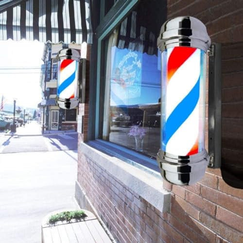 Poste de barbería con luz LED de 57 cm para salón, letrero de barbería de estilo clásico giratorio iluminado con rayas LED rojas, blancas y azules, lámpara de poste de barbería giratoria tradicio