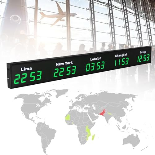 MTTXY Digital Led World Clock, 3/4/5 Cities Time Zone Wall Mounted City Time Zone World Clock, Aluminum Alloy Material for Home, Hotel, Office, Airports,Green-5City