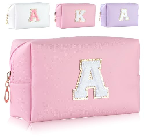 MSQ Personalisierte Make-up Tasche für Frauen,A-Z Initialen wasserfeste Reise Kosmetiktasche aus Leder,Geburtstagsgeschenk für Frauen und Mädchen (Buchstaben A) Rosa