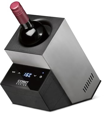 Caso WineCase Deluxe Inox - Enfriador de vino para una botella con batería, rango de temperatura de 5 – 18 °C, para botellas de hasta 9 cm de diámetro, control táctil, carcasa de acero inoxidable