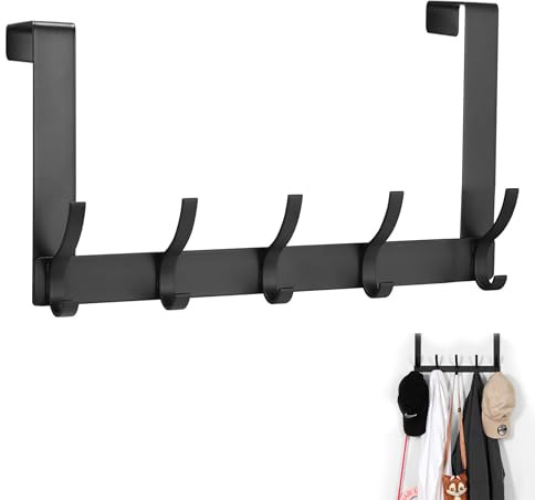 Shunshi Over Door Hanger with 5 Hooks, Heavy Duty Door Hooks for Coat, Towel, Keys and Bag,Storage Space Saving for Bathroom, Bedroom, Wardrobe, Length:32 cm (12.6) (Black)