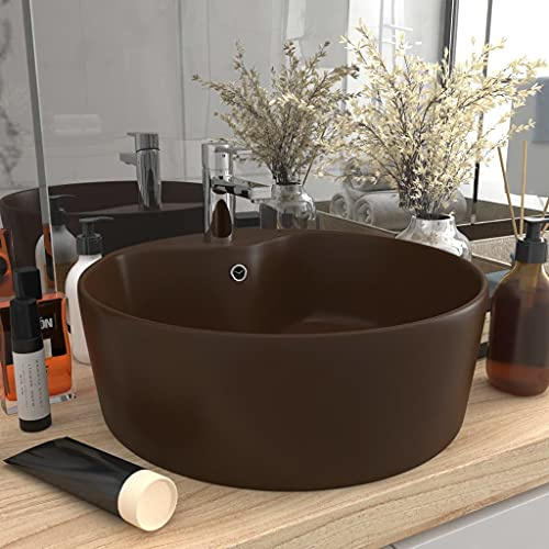Vasque à Poser with Céramique, Design Luxueux, Lavabo Salle de Bain, Lave Main, Meuble Vasque Salle de Bain, Marron Foncé Mat, 36 x 13 cm