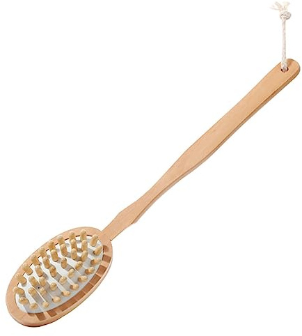 WOONEKY Spazzola Esfoliante Per Corpo e La Schiena Manico Lungo in Legno, Scrubber Bagno Per Pulizia e Applicazione Lozione, Accessorio Bagno Adatto a Anziani e Uso Quotidiano