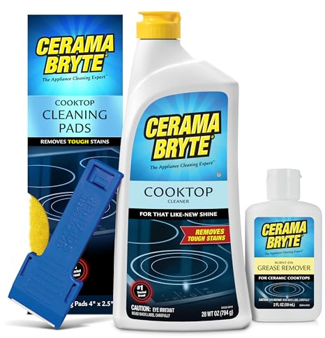 Cerama Bryte Best Value Kit: Ceramic Cooktop Cleaner 28oz, Scraper, 10 Pads, Burnt-on Grease Remover 2oz, 4 Piece Set