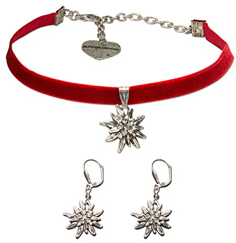 Alpenflüstern Trachtenschmuck-Set Trachten-Samt-Kropfband und Ohrhänger Strass-Edelweiß - Damen-Trachten-Schmuck, Trachtenset Trachtenkette und Trachten-Ohrringe rot SET015