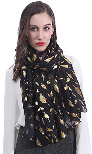 Lina & Lily Sciarpa Donna con Piume Metalliche (Nero-Oro)