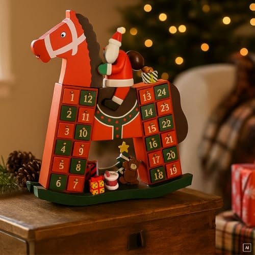 abc HOME | Weihnachtsdeko | Adventskalender Schaukelpferd | Holz | 9 cm T x 36,5 cm B x 40 cm H