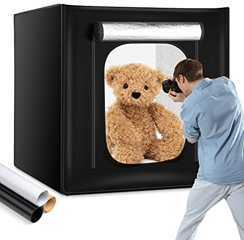 OMBAR Studio Photo Box Portable,80x80x80cm Boîte à Lumière, Tente d’éclairage Shooting avec 3 x 70 LED Lampes,Éclairage Lightbox avec 3 Couleurs de Fonds (Blanc, Noir, Orange)