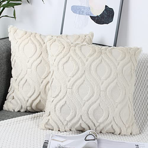 NIULAA Lot de 2 Housses Coussin 45x45 Beige Velours Laine Housse de Coussin Peluche Decoratif Boho Brodée en Fausse Fourrure Coussin Carrée de Luxe pour Canape Salon
