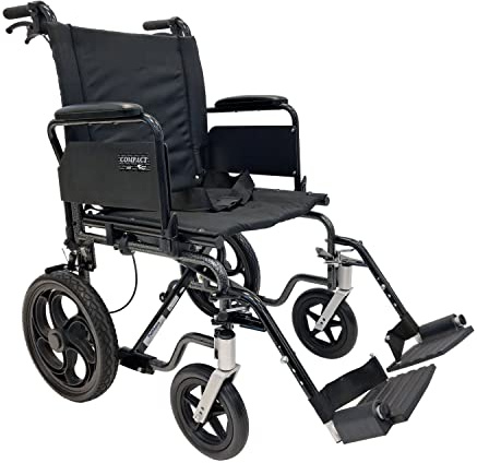 Tuffcare Compact High Strength Lightweight Transport Chair with Locking Hand Brakes, 12 Rear Wheels, Swing Back Arms and Anti-Tippers (Narrow 16, Footrest)