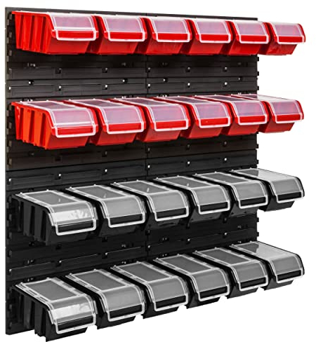 SimpleThing Lagersystem Werkstattregal | 78 x 78 cm | 24 stck. Box | Wandregal mit Stapelboxen - Wandplatten Extra Starke Schüttenregal Warkzeuglochwand Lagerregal Garage Regal (4)