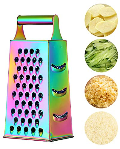 Buyer Star Stainless Steel 4-Sided Grater, 9.37 Inch Multifunctional Cheese Grater, Suitable for Vegetables,Vegetable Grater, Zester, Dishwasher Safe (Rainbow)