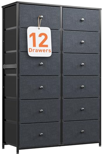 EnHomee Chest of Drawers with 12 Drawers, 133 CM Tall Fabric Bedroom Drawers, Dresser Drawers Cabinet with Easy Pull Handle,Wood Top & Metal Frame,Storage Organizer Unit for Close, Dark Grey