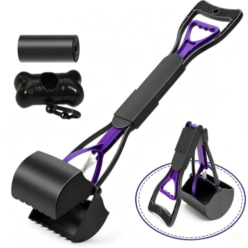 Dog Pooper Scooper, 3-Piece Set Long Handled Pooper Scooper for Dogs | Pooper Scoopers with Bag Attachment, Dog Poop Scooper Ideal for Grass, Gravel, Dirt & Sand, Foldable and Easy Clean