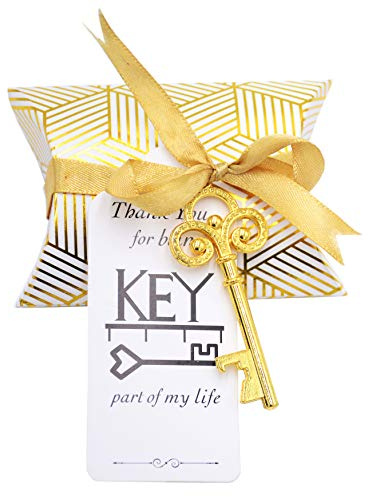 Makhry 50pcs Favor de la Boda Souvenir Pillow Candy Box Set de Regalo Vintage Llave Maestra Abrebotellas (Oro Antiguo) | Favor Boda Recuerdo Almohada Caja Caramelo Set Regalo Vintage Llave Maestra