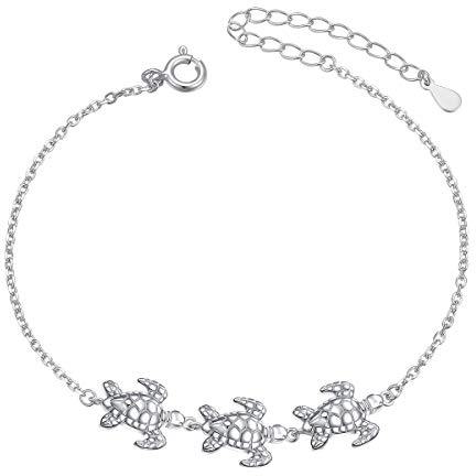 (Gesundheit und Langlebigkeit) S925 Sterling Silber Schildkröte Armbänder für Frauen Teenager Mädchen Verstellbares Tierarmband Schmuck 7 + 2 Inches