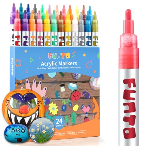 Funto Acrylstifte für Steine Wasserfest, Stoff, Holz, Leinwand, Metall, Keramik, Glas, Scrapbooking, Handwerk, 24 Farben, Farbmarker-Set, mittlere Spitze, ungiftig, schnell trocknend