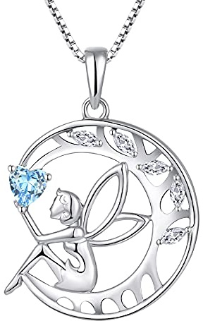 FJ skyddsängel halsband damer 925 sterlingsilver livets träd kedja hänge ängel fe måne halsband med födelsesten zirkonia smycken gåvor för kvinnor flickor, Sterlingsilver Akvamarin Sterling silver,