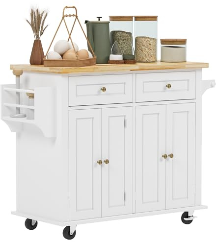 SogesHome Carrello da cucina mobile per isole da cucina carrello da cucina credenza buffet carrello da bar con ruote grande piano di lavoro porta asciugamani portaspezie 2 cassetti armadi a 2 ante