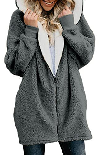 Xnova Cappotto da Donna in Pile Felpa Cerniera con Cappuccio, Morbido Capispalla Oversize Lungo con Tasche, Giacche Hoodie Caldo Antivento Cappotti Felpe Peloso Invernale (Grigio Scuro, L)