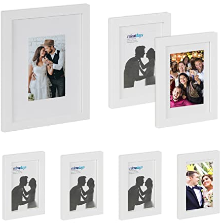 Relaxdays Bilderrahmen 7er Set, verschiedene Größen, Bildercollage, zum Aufhängen oder Hinstellen, Fotorahmen, weiß