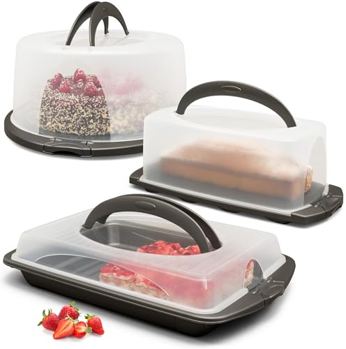 Hausfelder Transportbox Set 3er Pack, 3er Set, Anthrazit | Kuchenbehälter für Kastenkuchen, Blechkuchen & runde Torte, Transportboxen mit Deckel rechteckig, eckig, rund