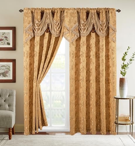 Elegant Comfort 2 Rideaux Jacquard avec cantonnière Cascade Fixe, imprimé de Feuille, 137 x 213 cm, doré