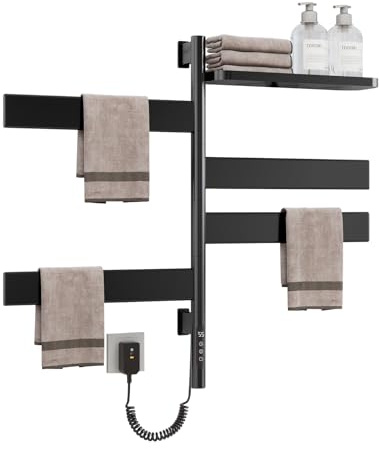 Swivel Heated Towel Rack, Wall Mounted Electric Towel Warmer Rack for Bathroom, 4 Square Bars Swivelable Towel Dryer with Tray, Towel Heater with Built-in Timer, for bathroom, Salons & Spas(G69-Black)