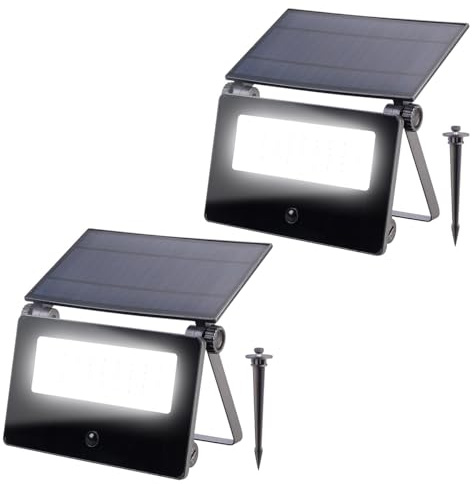 Luminea Wandleuchten: 2er-Set Solar-LED-Gartenstrahler, PIR-Sensor, 1.300 lm, 2x 1.800 mAh (Solar Garten Strahler Erdspieß, LED Leuchten außen Gärten, Mini)