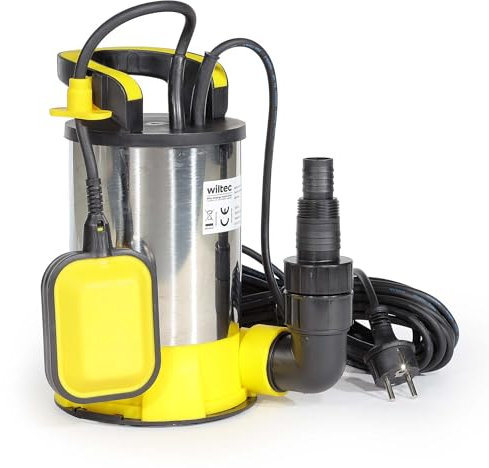 Wiltec Bomba sumergible de aspiración plana 400W con flotador, caudal 8000 l/h, altura 5 m, nivel de aspiración hasta 1 mm, inmersión hasta 7 m, de PPO y acero inoxidable para agua limpia